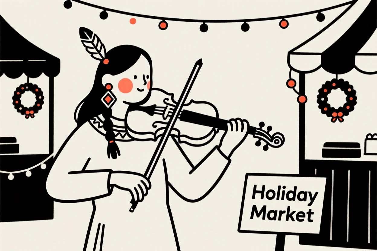 A violinist of native american heritage mid-performance, exuding gentle warmth, at a bustling holiday market.