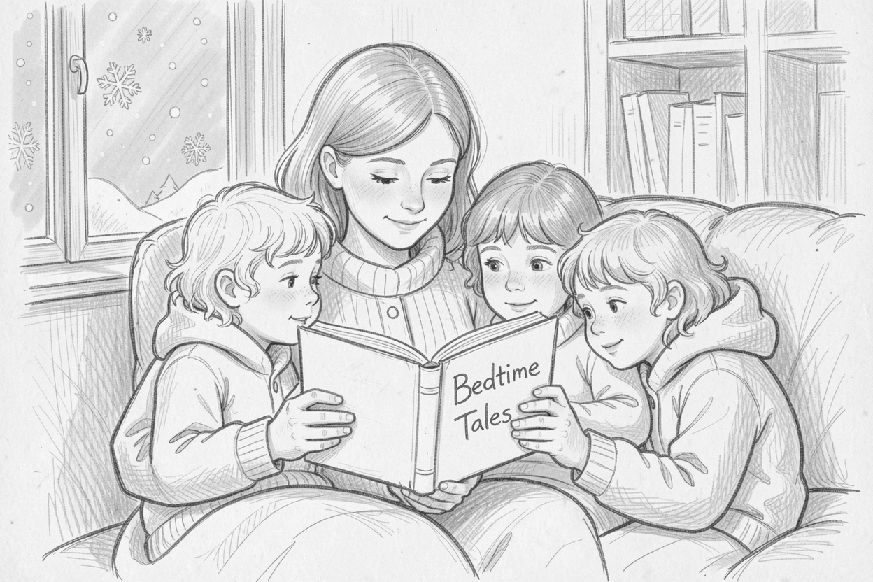 An emotional scene of a mother reading a bedtime story to her children on a snowy winter morning, brimming with heartfelt love.