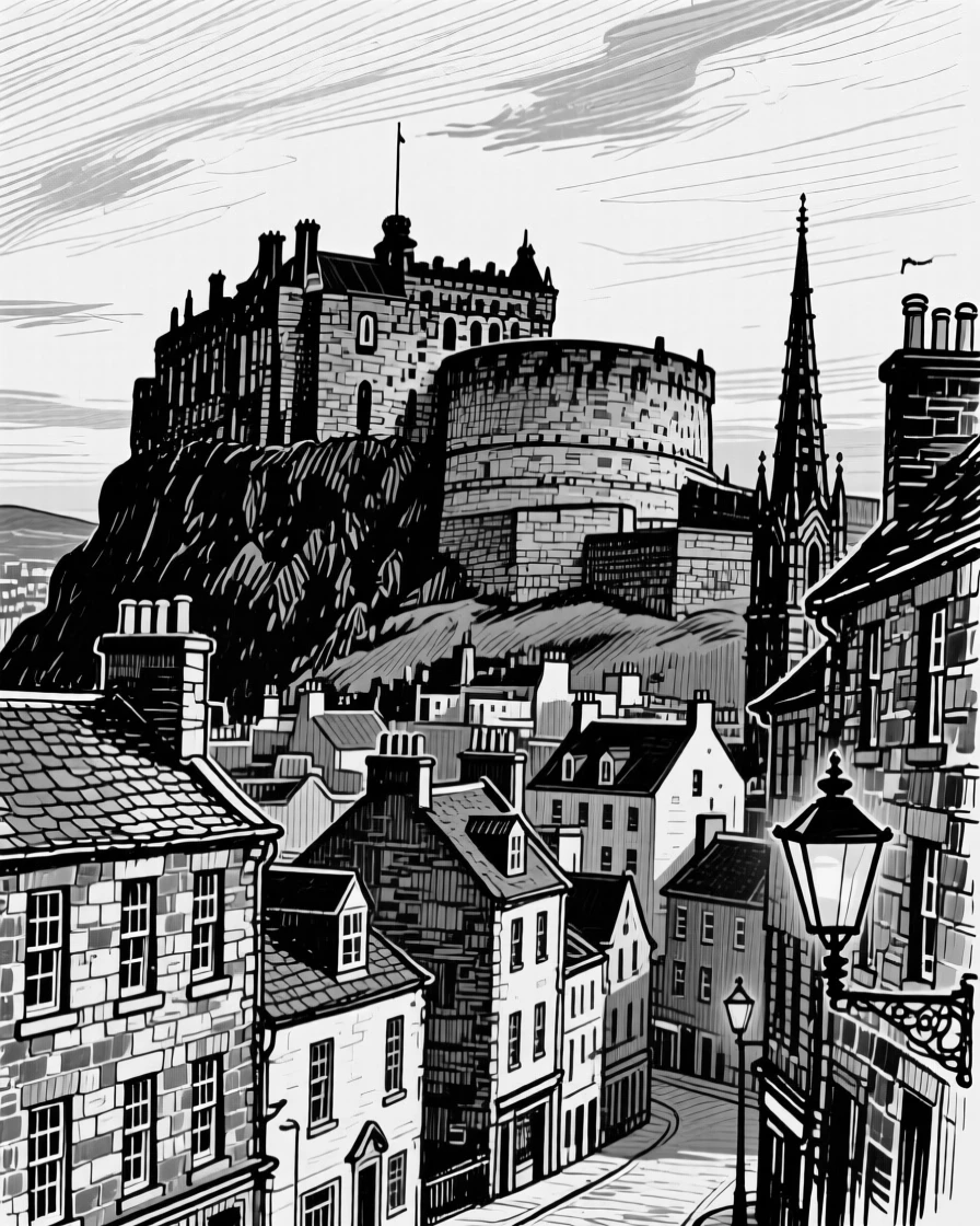The historic old town of Edinburgh with its castle silhouetted against the sky.