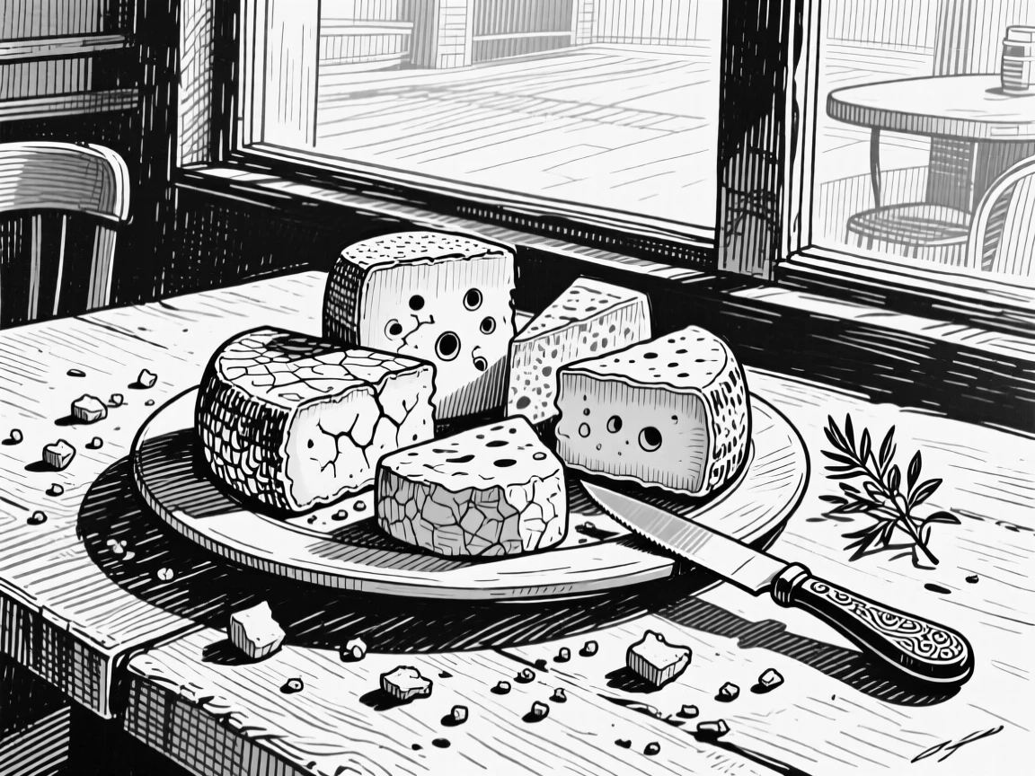 A platter of artisan cheeses set in a sunlit cafe window, with crumbs scattered across the table, presented in an indulgent and delightful culinary still life.