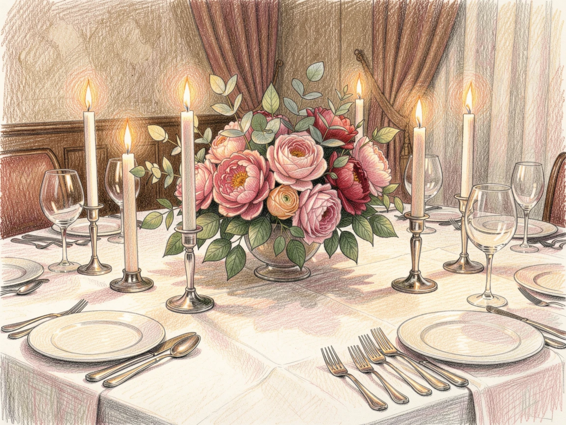 A wedding reception table decorated with candles and floral centerpieces, with rich, inviting textures throughout the scene, evoking nostalgia and a deep sense of contentment.