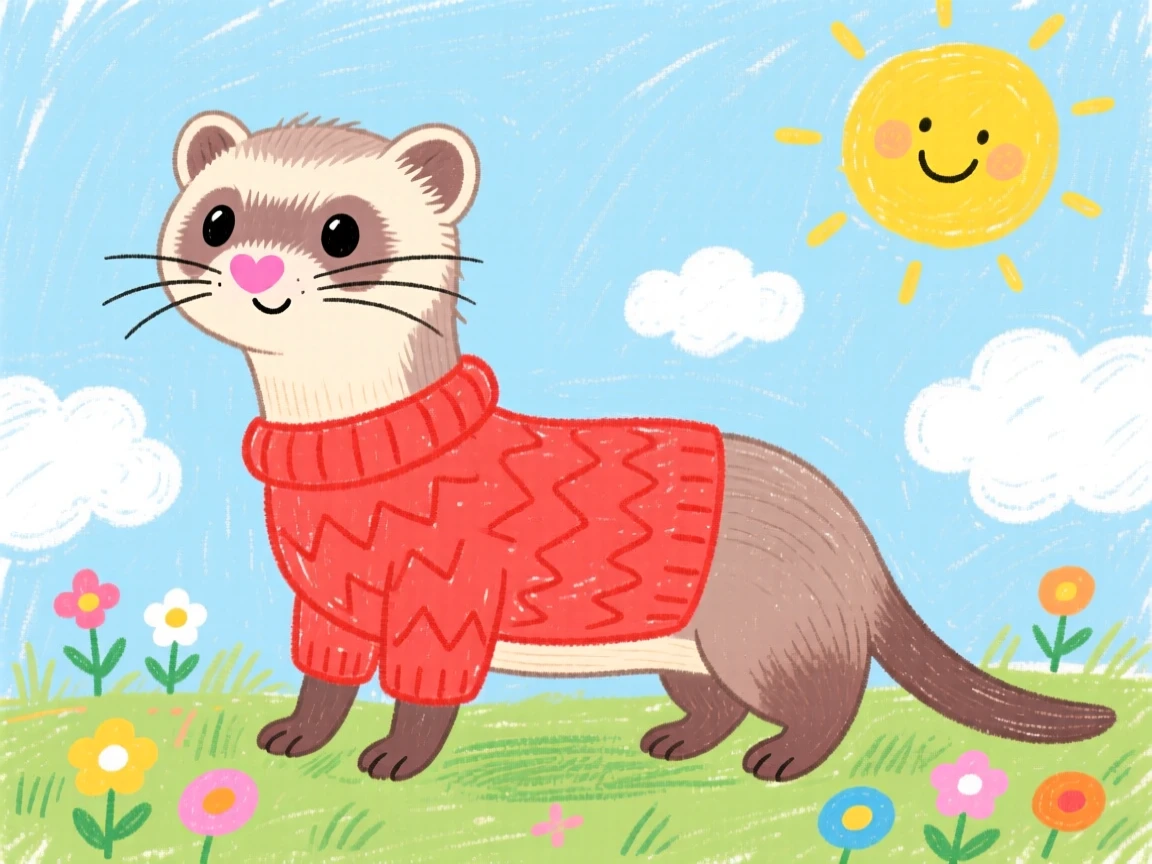 A curious ferret wearing a tiny knitted sweater on a cold morning.