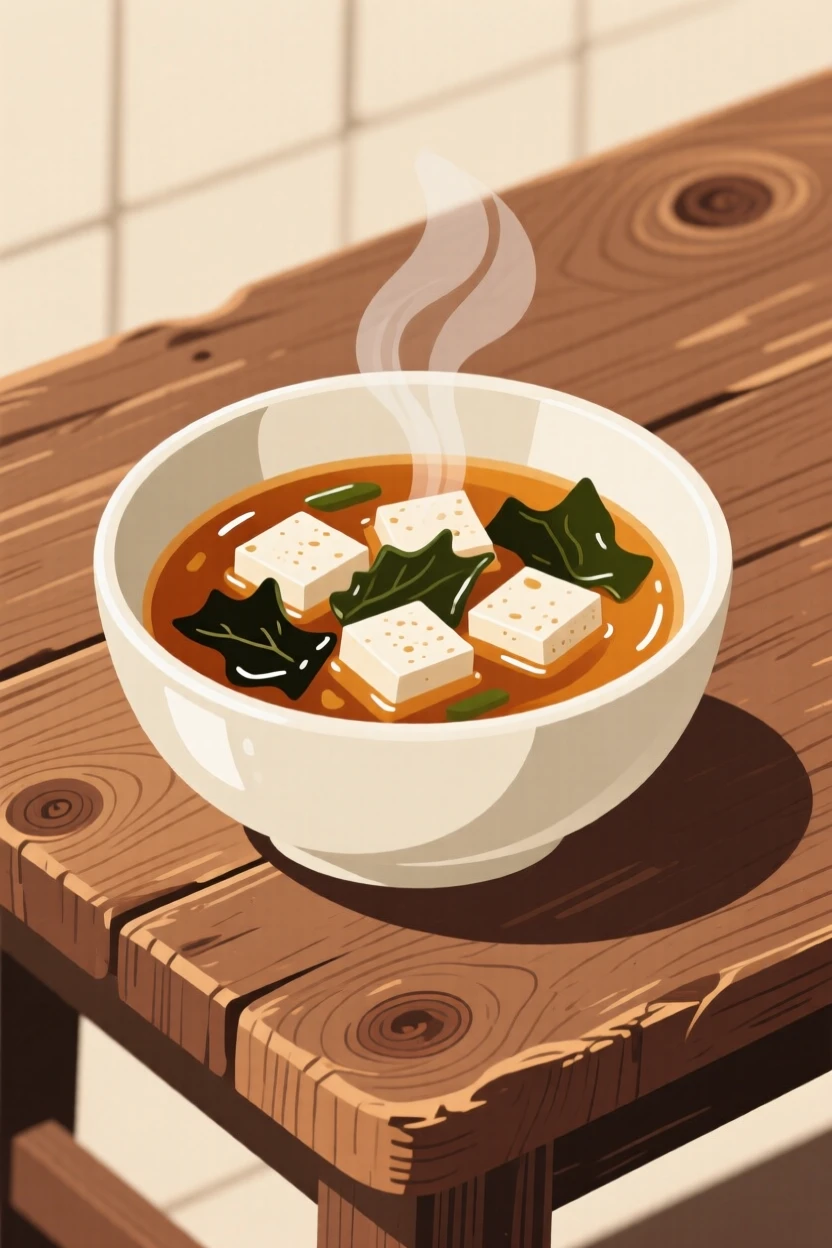 A bowl of miso soup with delicate tofu and seaweed, arranged on a rustic farmhouse table, composed with a rustic, homemade charm, with glossy highlights that make the dish look freshly made.