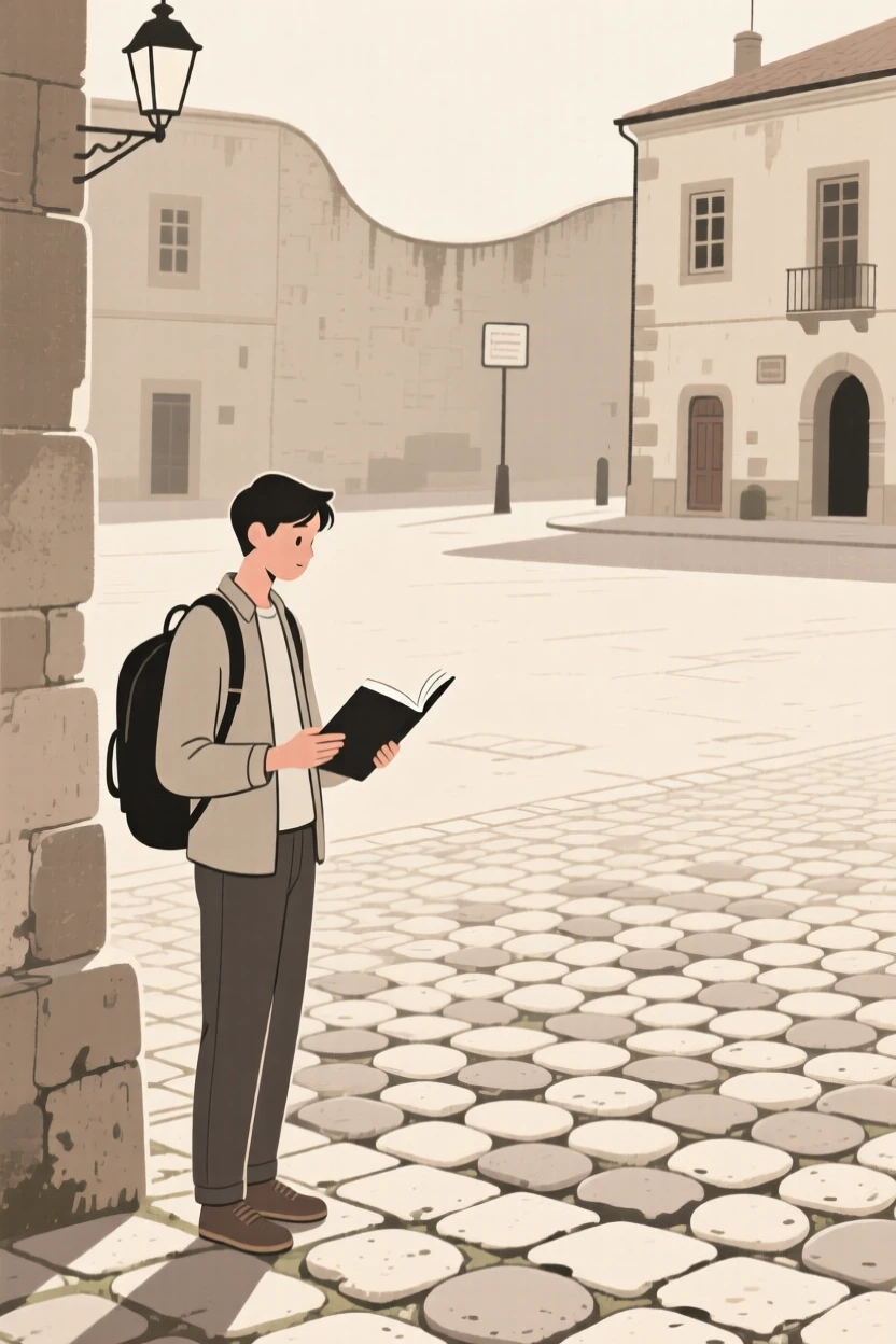 A traveler reading a guidebook near an old cobblestone square.