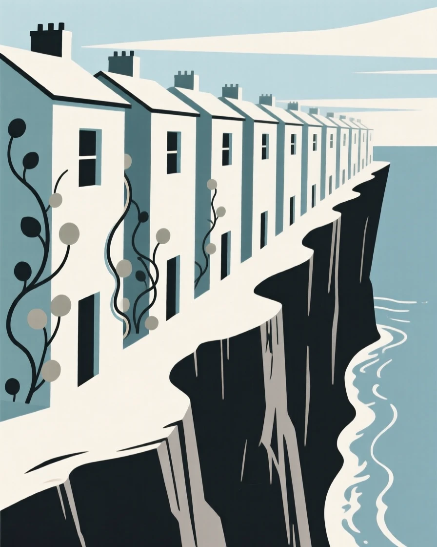 A view looking up at a row of townhouses from a coastal cliffside, with climbing ivy in frame, evoking timeless grandeur.