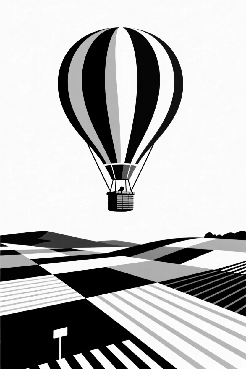 A hot air balloon floating over a patchwork valley.