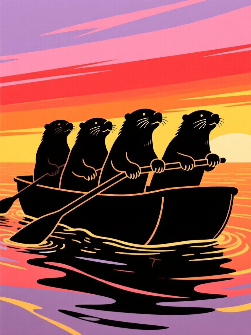A group of otters holding a raft together, paws linked, floating downstream.