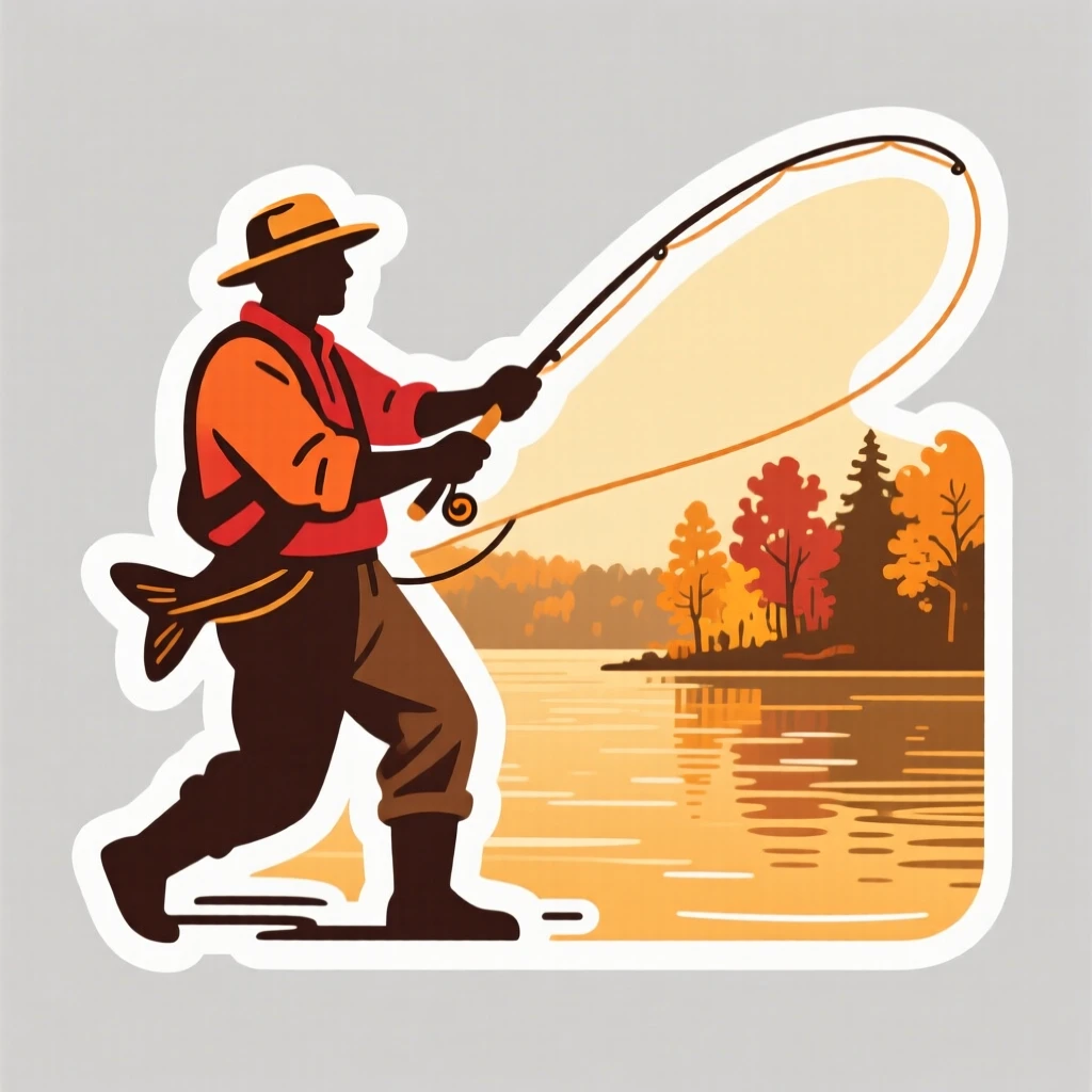 A completely absorbed fisherman casting a line at sunrise, captured mid-motion during their favorite activity, during a golden autumn afternoon.