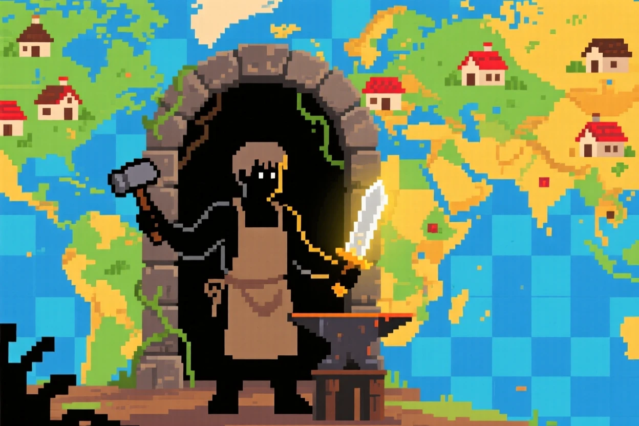 A village blacksmith standing before the entrance to a hidden dungeon, on a colorful world map dotted with towns.