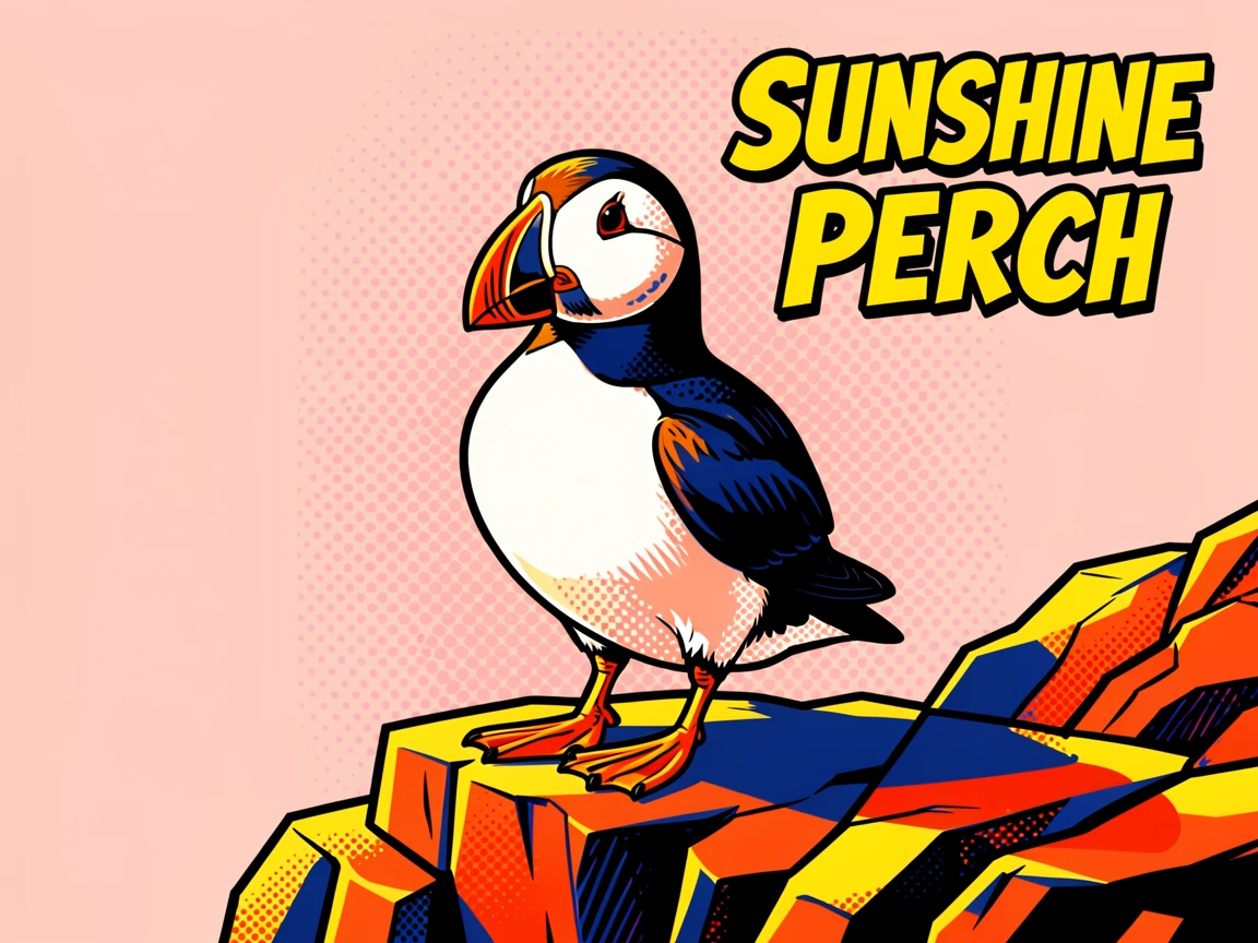 A puffin standing on a rocky cliff basking in warm afternoon sunlight