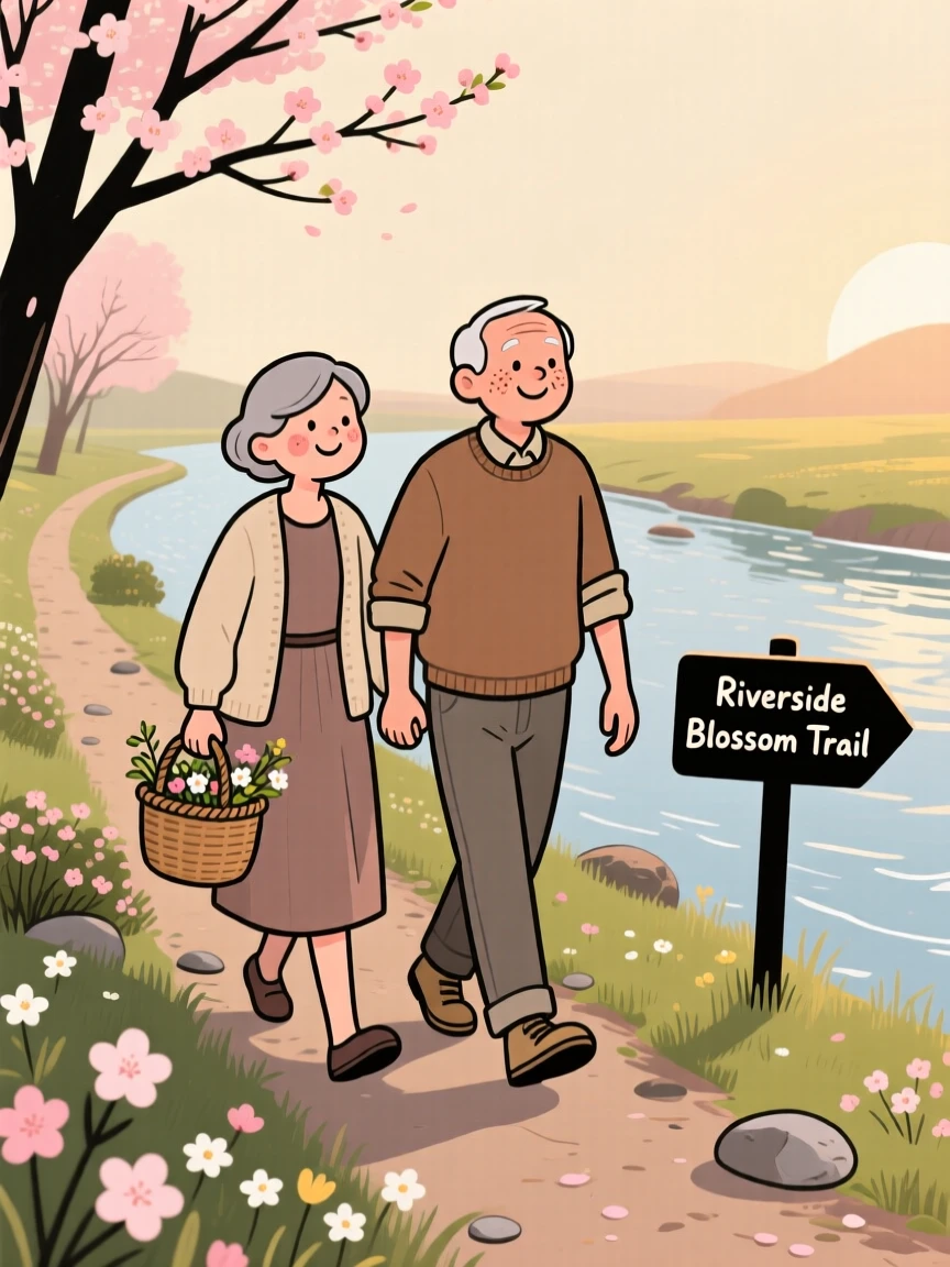 The first blossoms of spring open along a riverside trail as a elderly couple walks slowly by, breathing in the fresh scent of new blooms in the mild morning air.