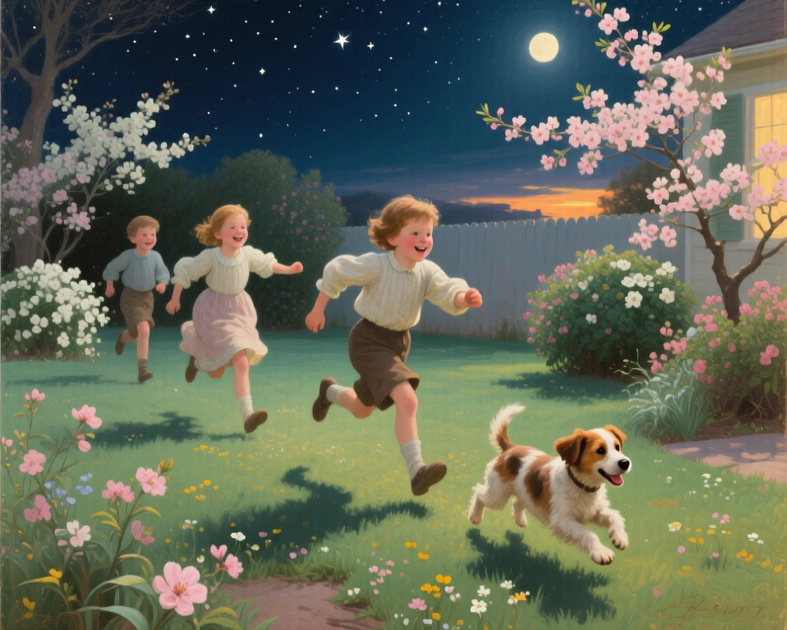 A medium shot of children racing their puppy across a sunlit backyard, as spring blossoms open, under the night sky.