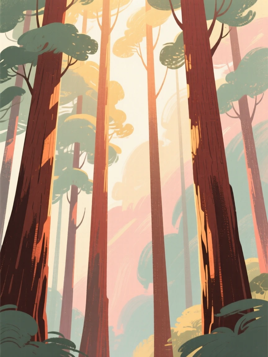 A towering redwood forest with sunlight streaming through the canopy