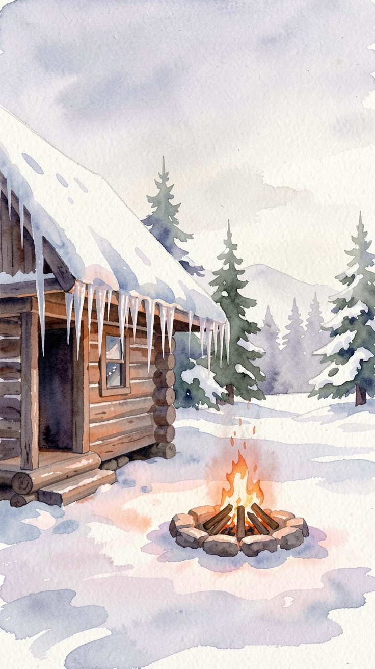 A winter wonderland with icicles hanging from a cabin roof with a crackling fire nearby.