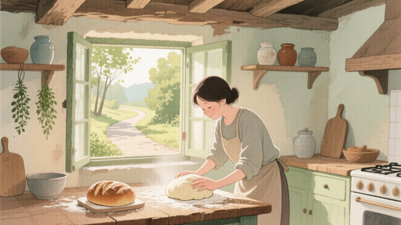A peaceful scene of someone baking bread in a rustic kitchen on a peaceful morning trail, fully absorbed in a quiet, joyful moment