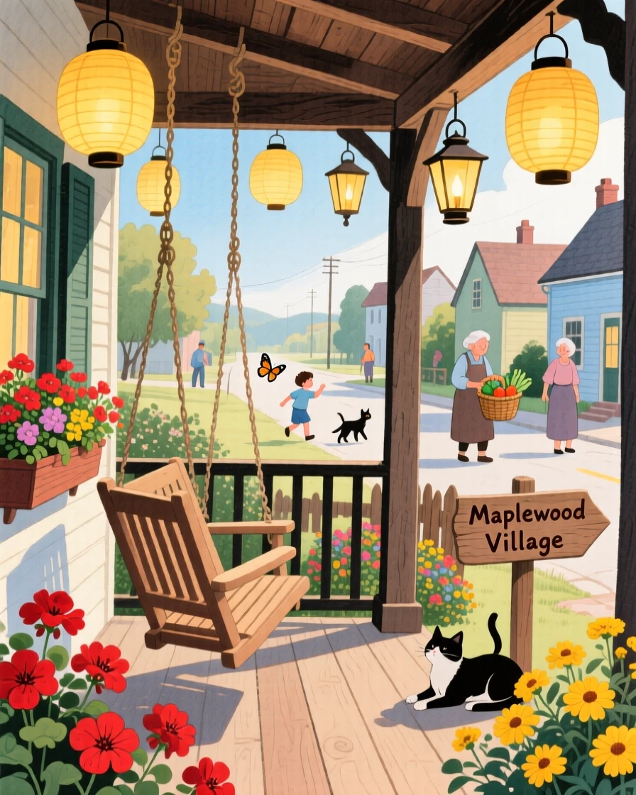 A porch swing surrounded by hanging lanterns, bustling gently with everyday village life.