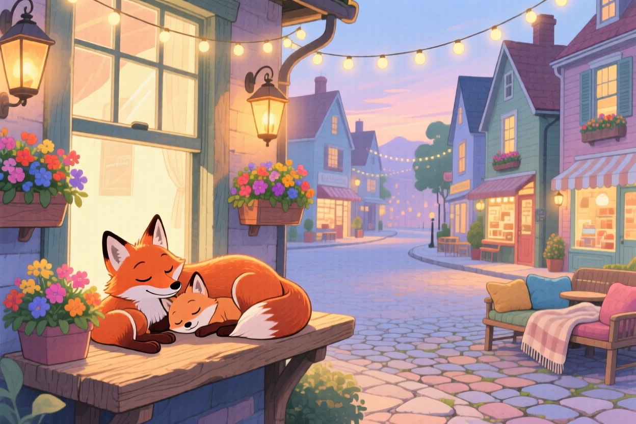 A family of foxes napping in a sunbeam on a windowsill, set in a village square decorated with fairy lights, brimming with cozy comfort.