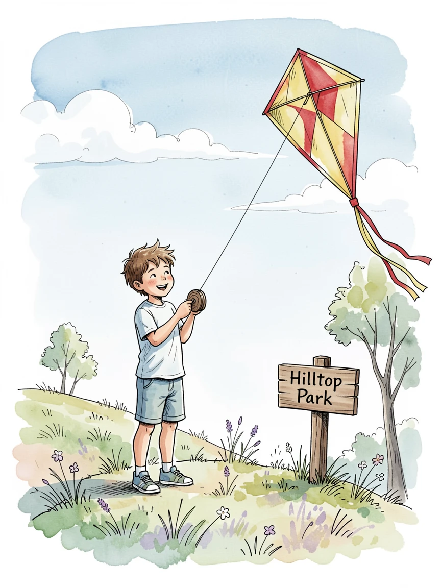 A young boy proudly flying his first kite on a breezy hilltop, the surrounding setting adding a sense of everyday charm.