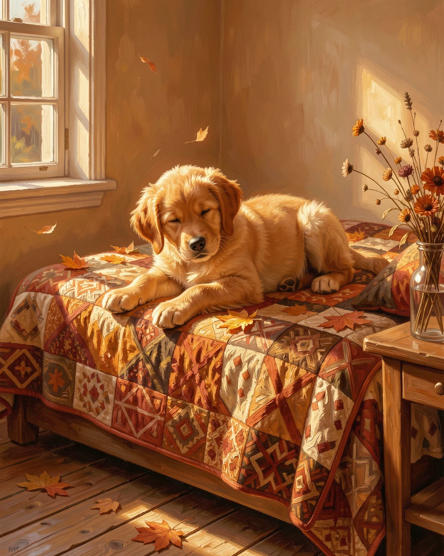 A golden retriever puppy playing in a sunlit meadow, atop a soft quilt in a sun-warmed bedroom, it stretching lazily in a patch of sunlight, during a cozy autumn evening.
