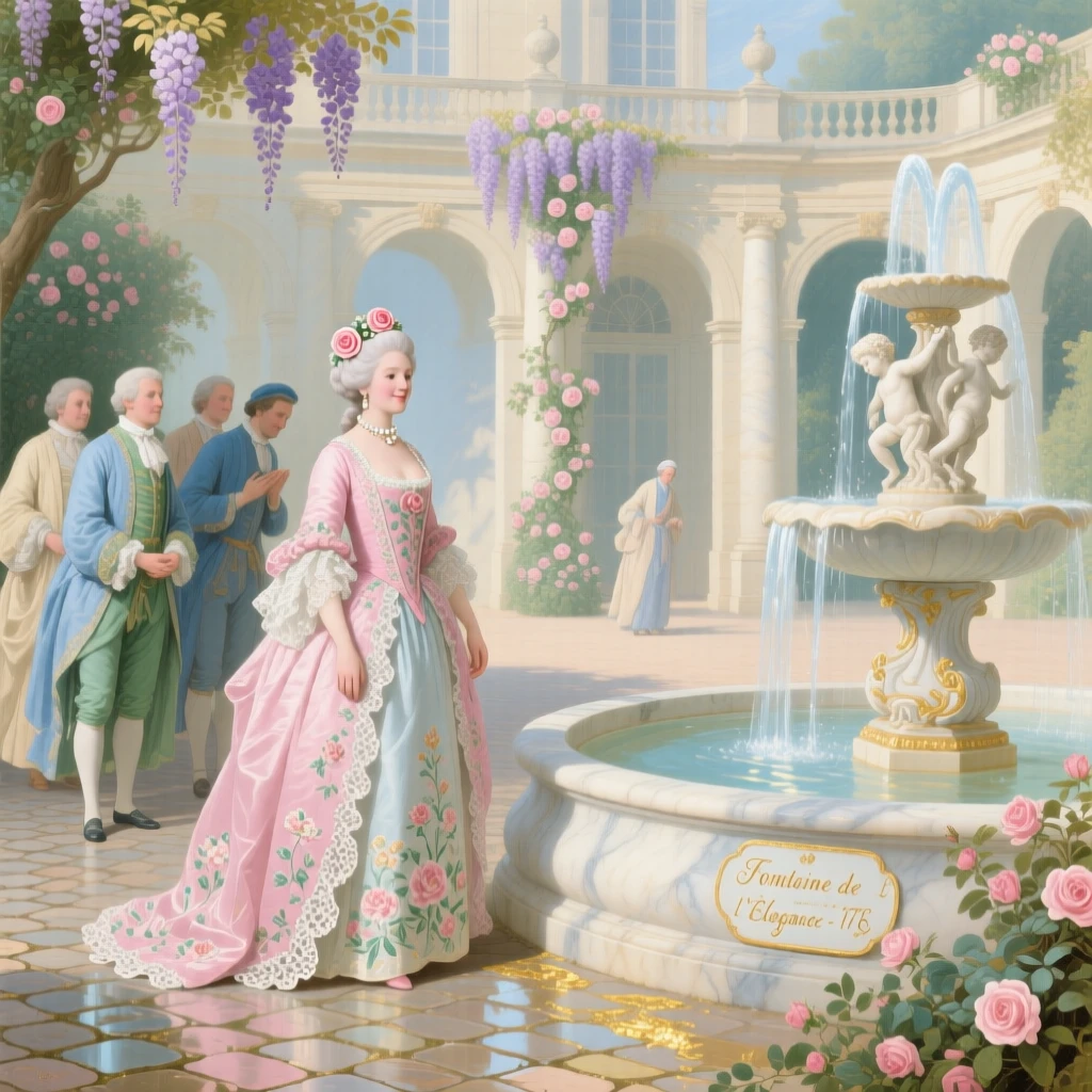 A queen receiving ambassadors beside a fountain in an open courtyard  