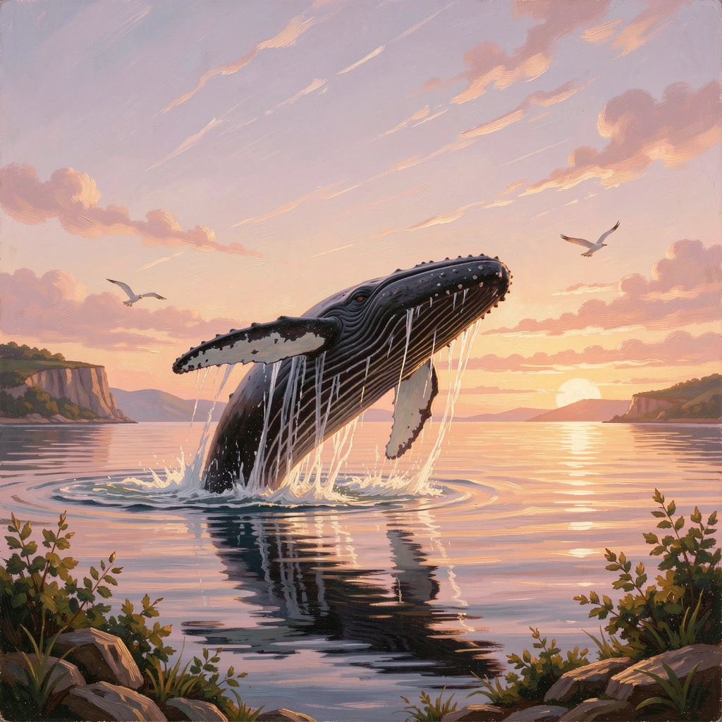 A whale breaches the surface of a calm sea at sunrise.