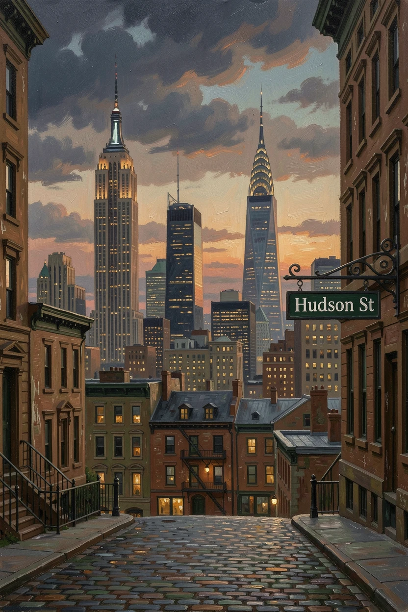 The New York City skyline glittering beneath a dramatic evening sky, with centuries of history visible in every weathered detail, offering a striking, postcard-worthy view of an iconic destination