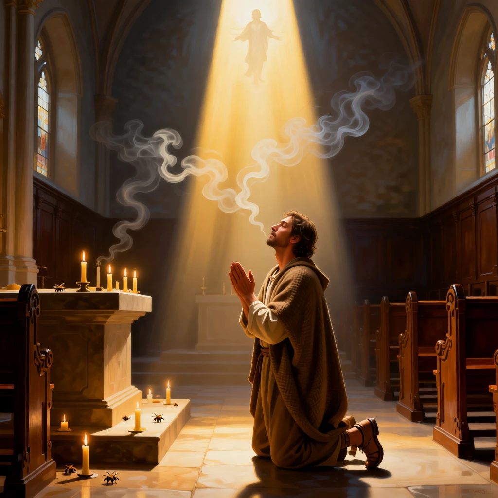A shepherd kneeling in wonder before a radiant celestial light as light seems to answer a silent prayer, set within a sunlit chapel filled with drifting incense smoke, with candles flickering steadily despite an unseen breeze; vertical light from above draws the eye toward transcendence, capturing a timeless moment of grace and gratitude.