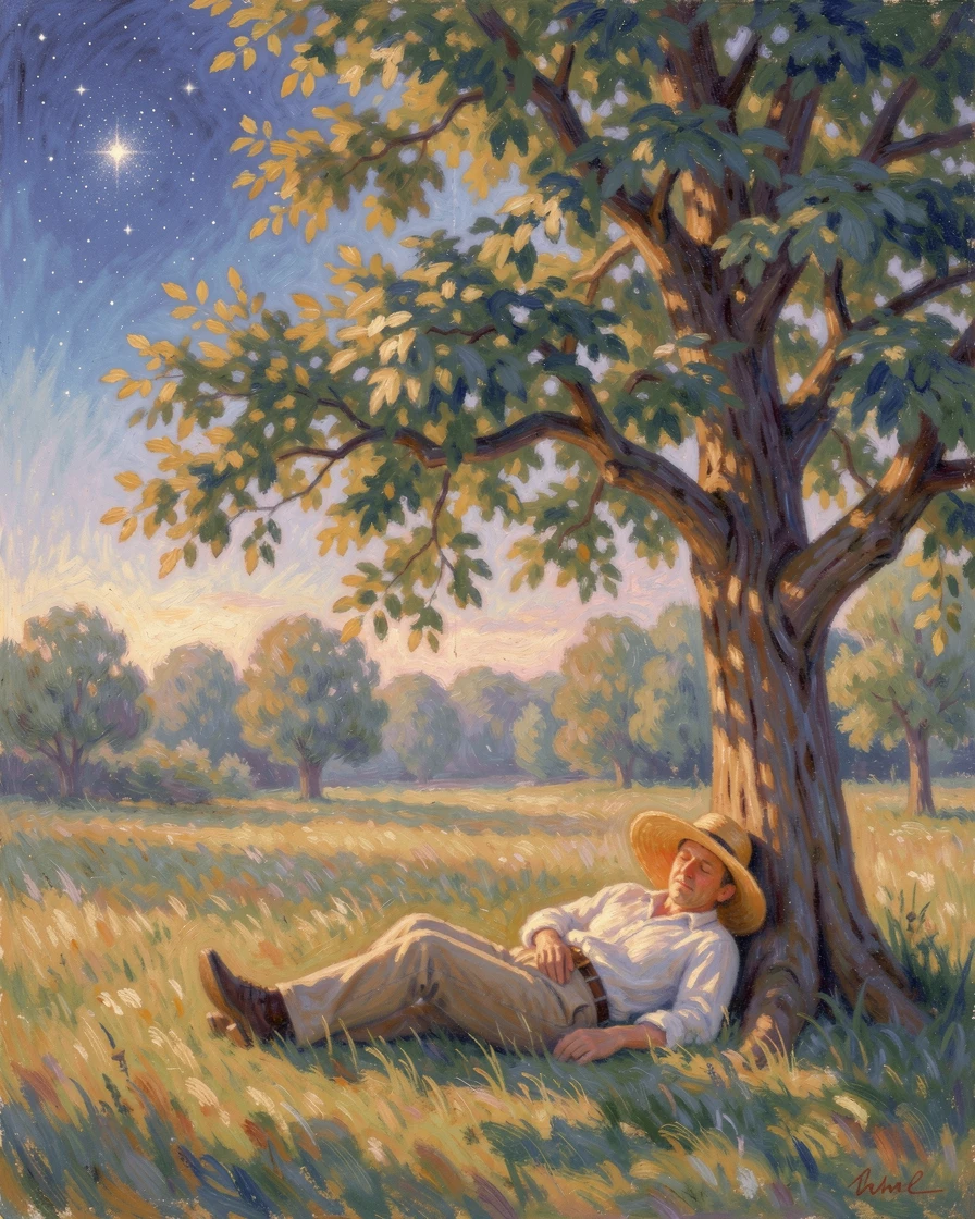A farmer resting beneath a shade tree after a long day's work, his straw hat tipped over his eyes, under a canopy of stars, conveying a feeling of romance and tranquility.