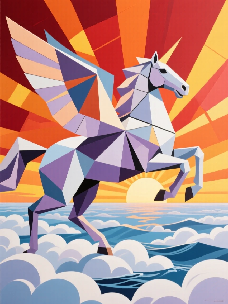 A pegasus galloping across a sea of clouds at sunrise.