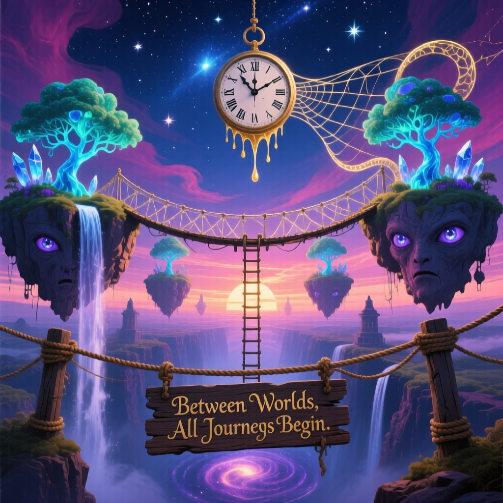 A cluster of floating islands connected by rope bridges hangs suspended between two identical skies, as a rope ladder dangles into empty space below.