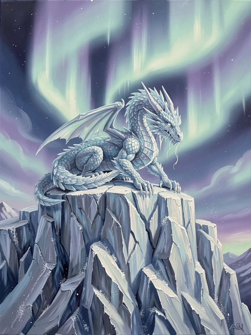 A majestic ice dragon rests atop a frozen glacier, its crystalline scales catching the pale light of the aurora borealis overhead, the setting suggesting centuries of untold stories embedded in every weathered surface.