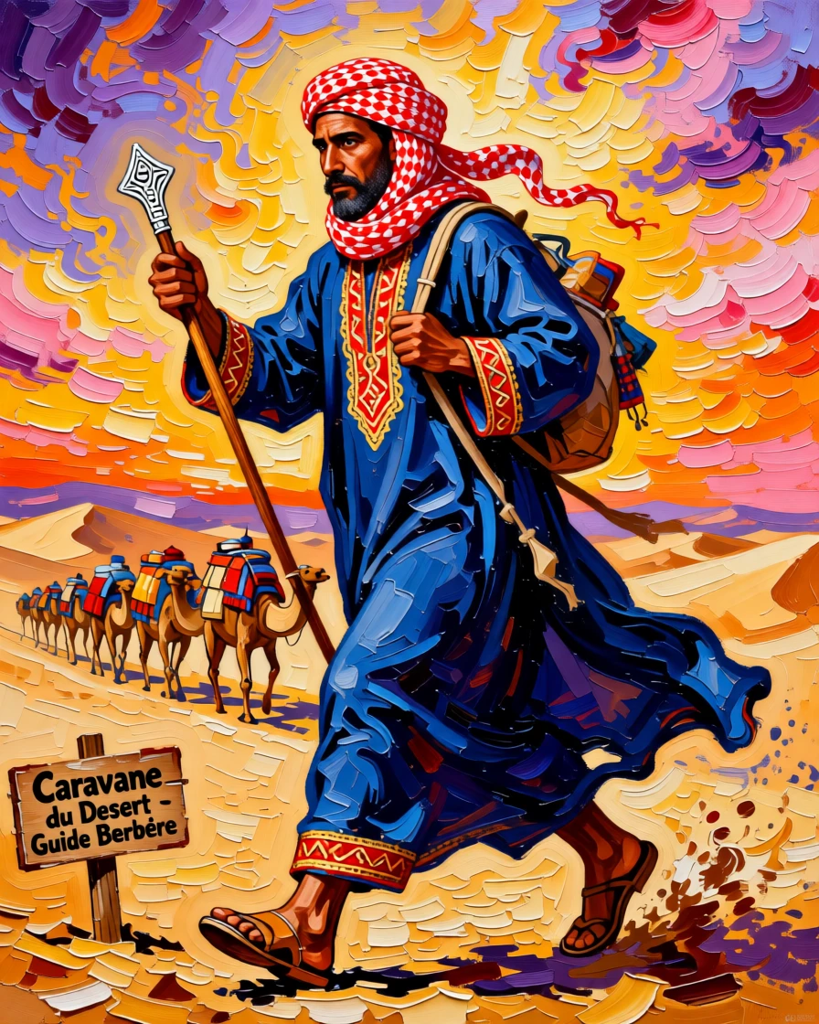 A striking portrait of a Berber caravan guide, captured mid-motion, focused entirely on their craft