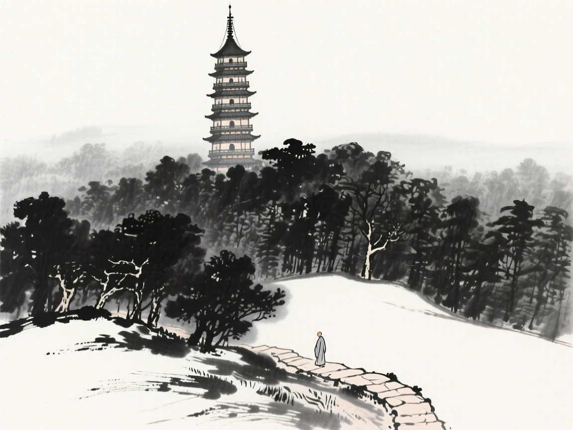 A tall pagoda rises from a forested hillside, its tiers visible above the treetops, with monks' footsteps echoing along a stone path.