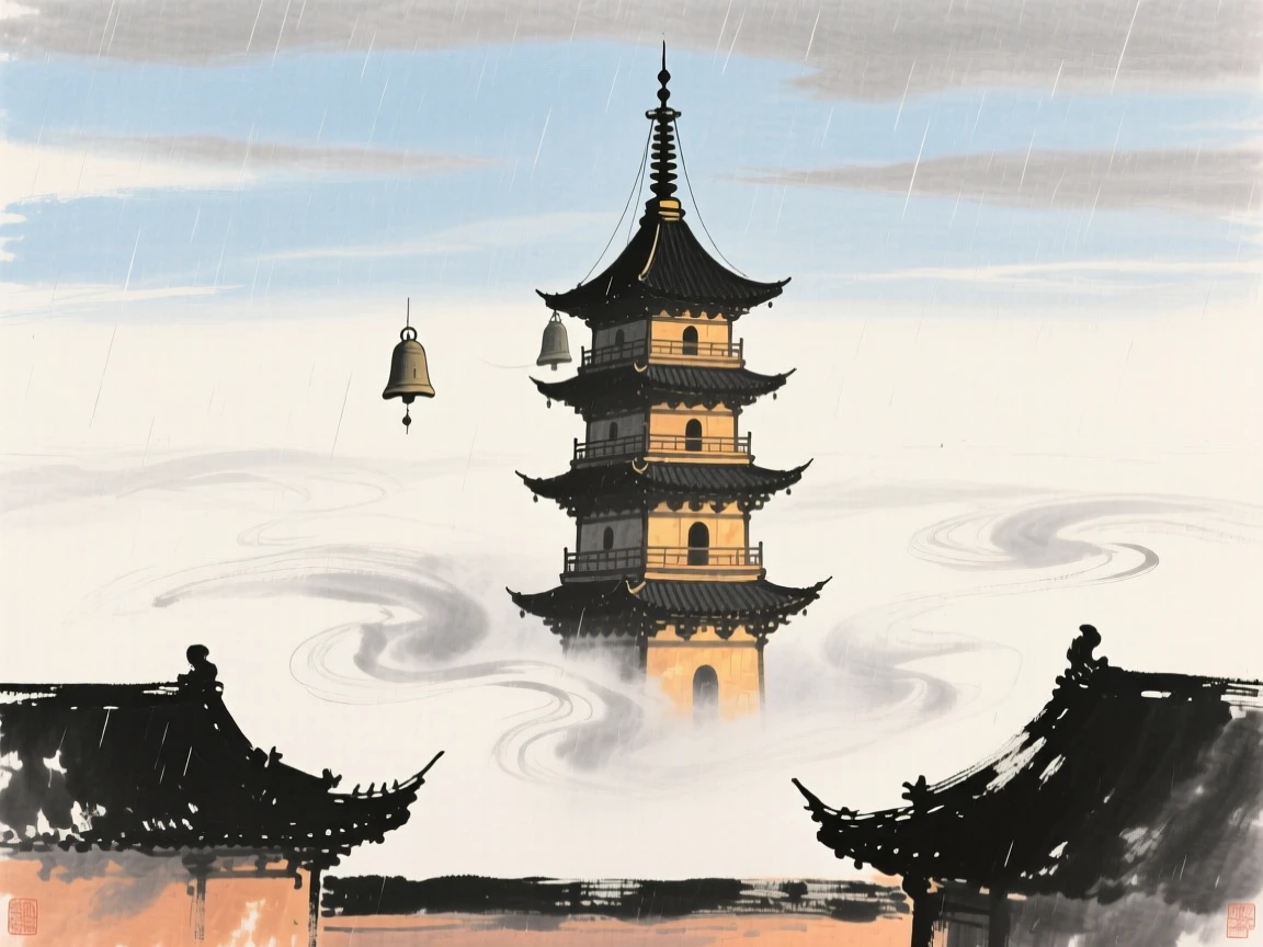 A bell tower rising above the mist of an ancient monastery, beneath a sky washed clean by rain, in the last golden light of day.