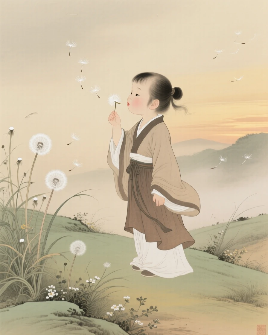 A child blowing dandelion seeds into the wind on a hillside