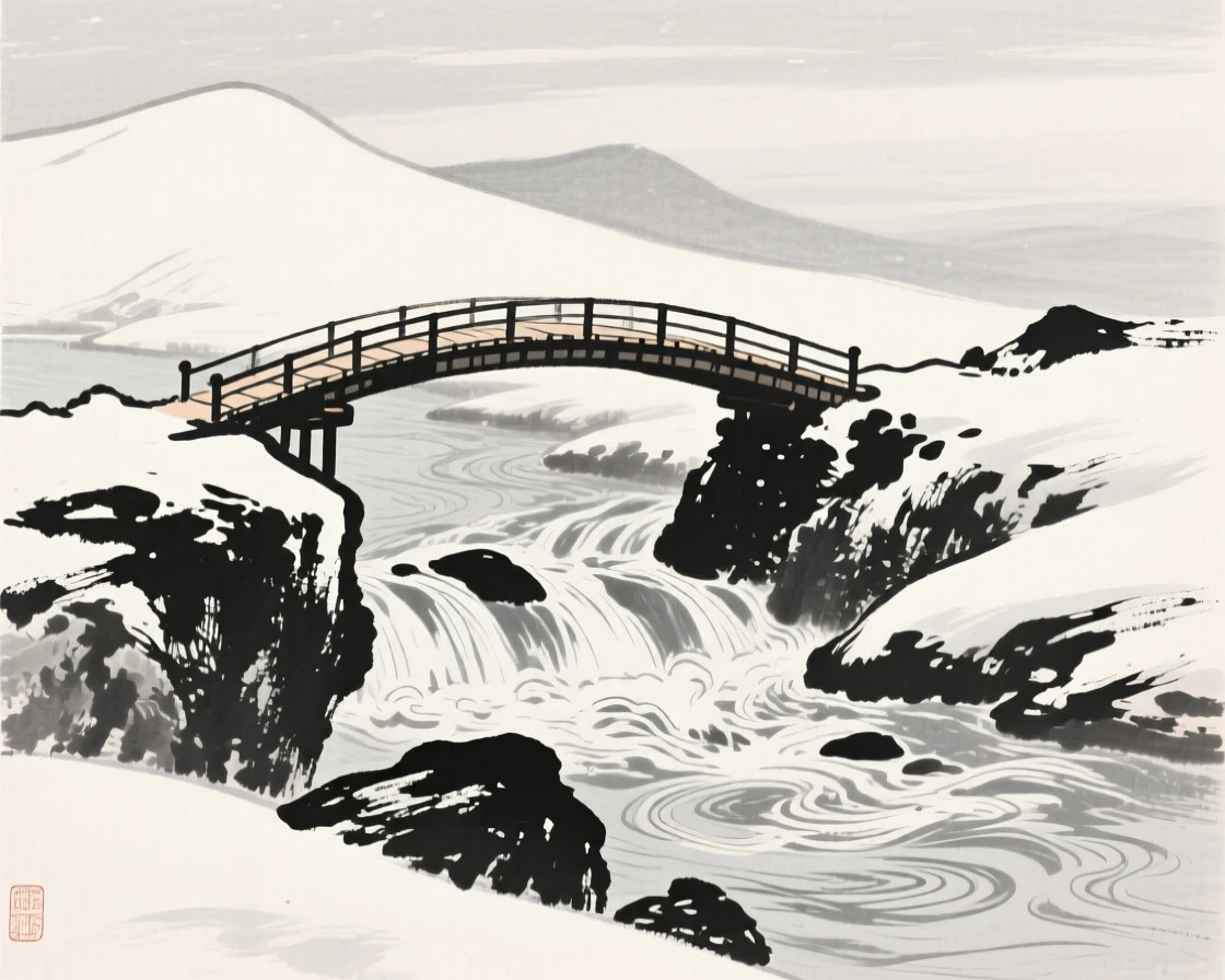 A narrow footbridge arching over a rushing mountain stream under a pale winter sky heavy with unfallen snow, framed low, with the foreground rocks leading the eye toward the distance, with faint ripples spreading slowly across the surface, capturing a fleeting, serene moment suspended in time.