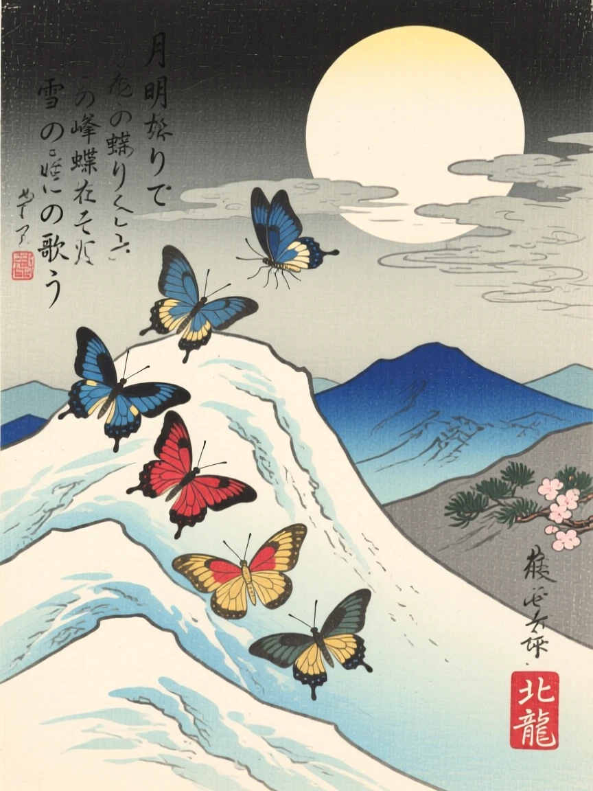 A cluster of butterflies howling atop a snowy ridge under moonlight.