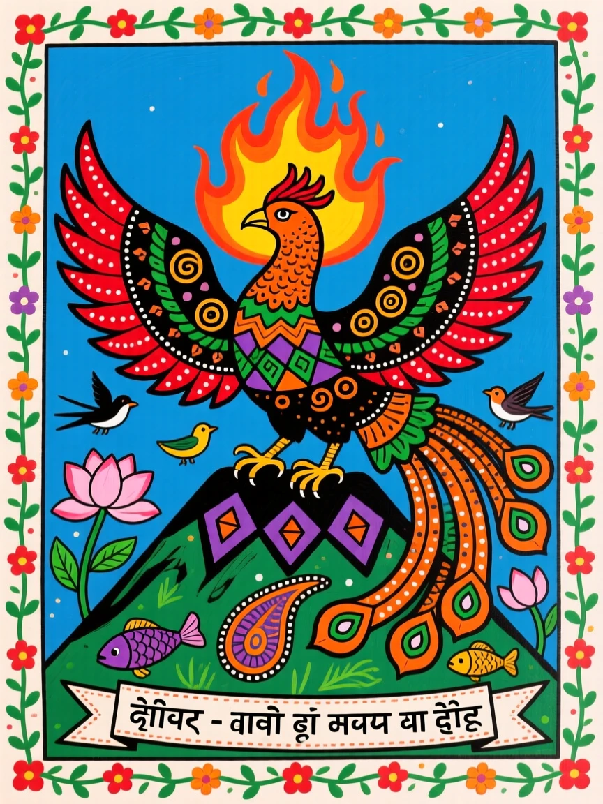 A phoenix rising in flame and light above a mountain peak.
