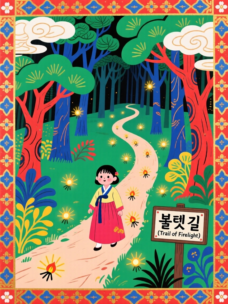 A young girl following a trail of fireflies deep into an enchanted forest.