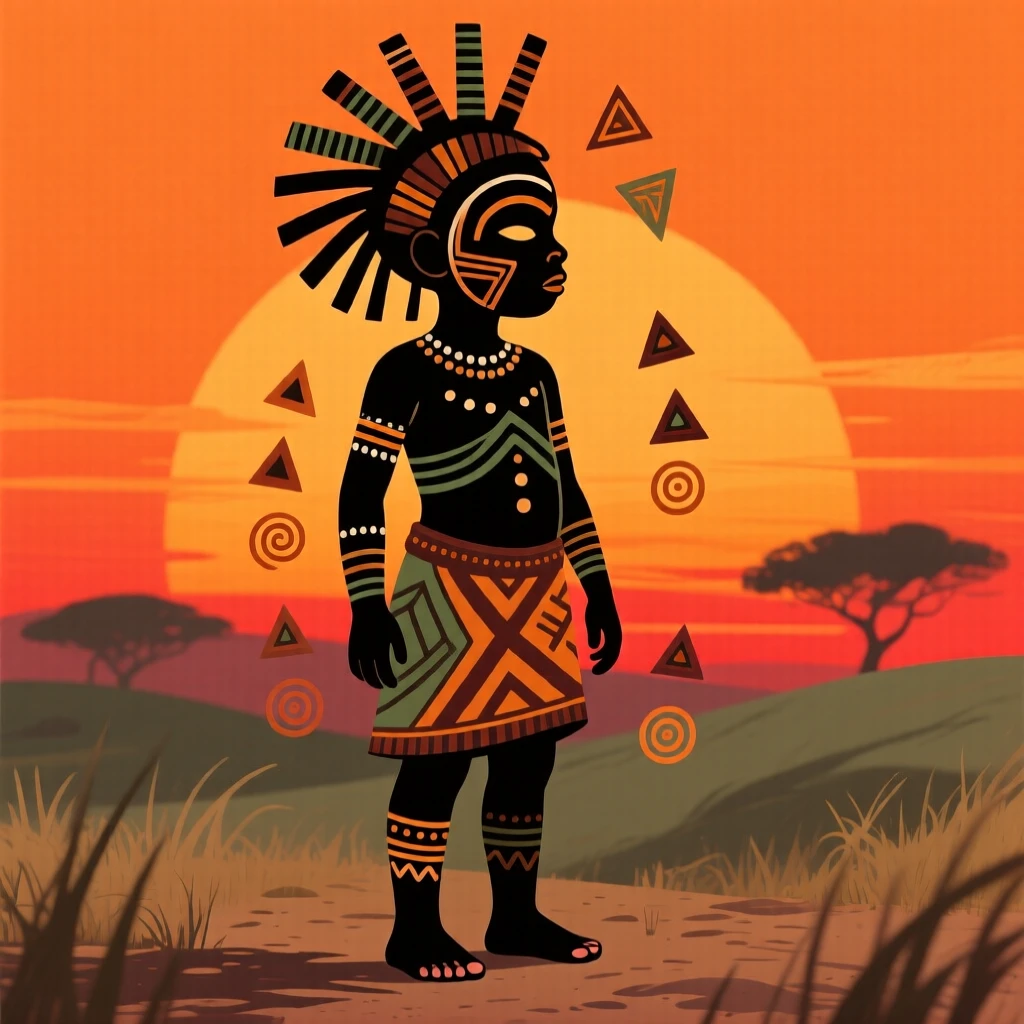 A barefoot child framed against a bright orange sunset.