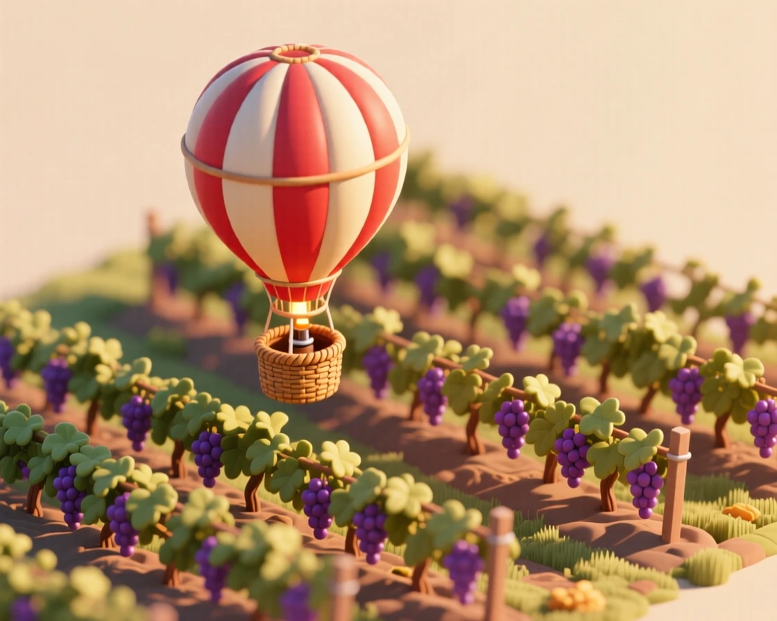 A hot air balloon drifting above a vineyard at harvest time, rows of grapevines stretching below in the golden afternoon light.