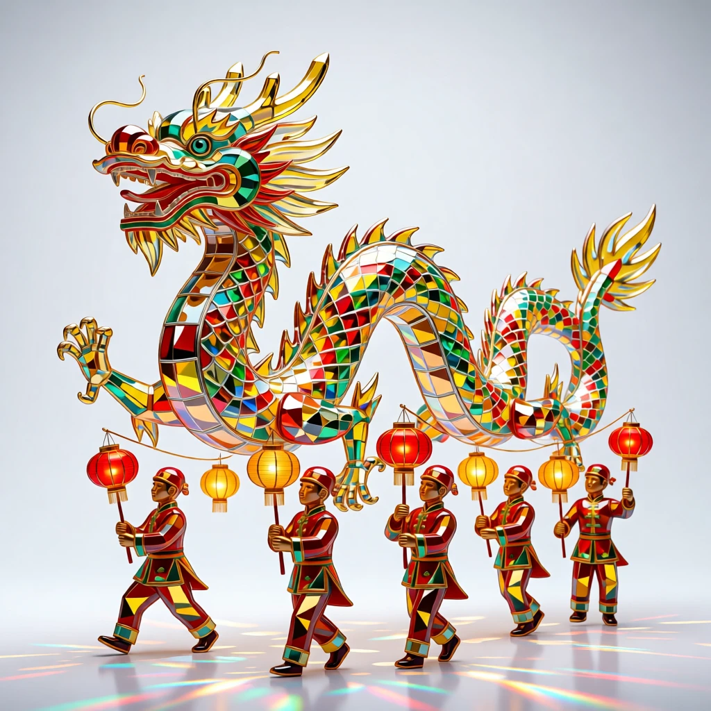 A traditional Chinese New Year dragon dance parade winding through lantern-lit streets.