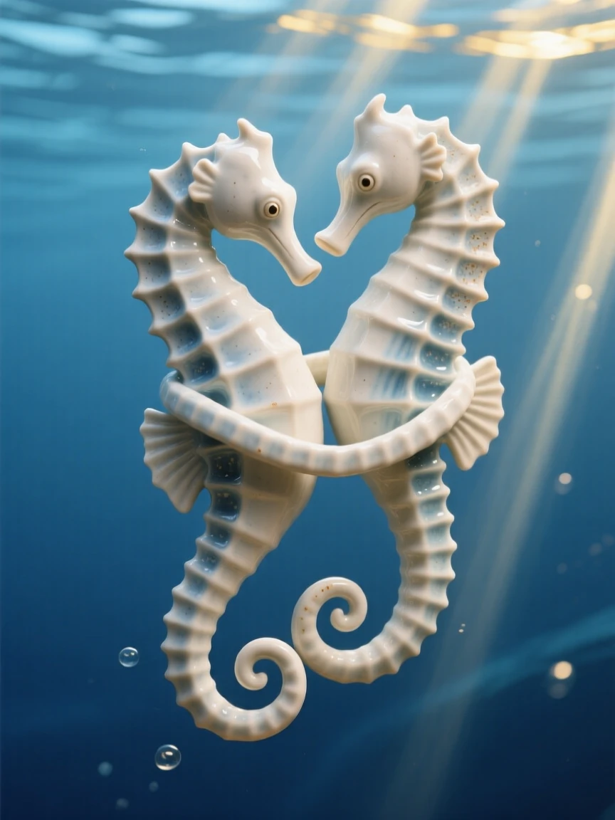 A delicate seahorse pair intertwined by their tails drifting weightlessly through open blue, with sunlight filtering down in golden shafts, radiating playful, gentle joy.