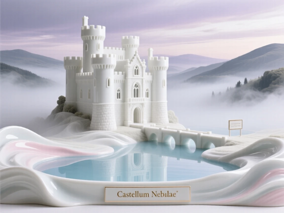 A moated castle rising above a misty valley, framed by a dramatic sky.