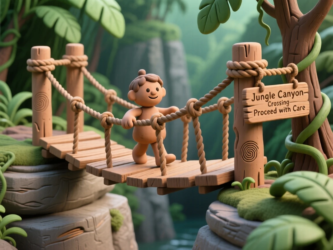 A rope suspension bridge swaying gently over a jungle canyon