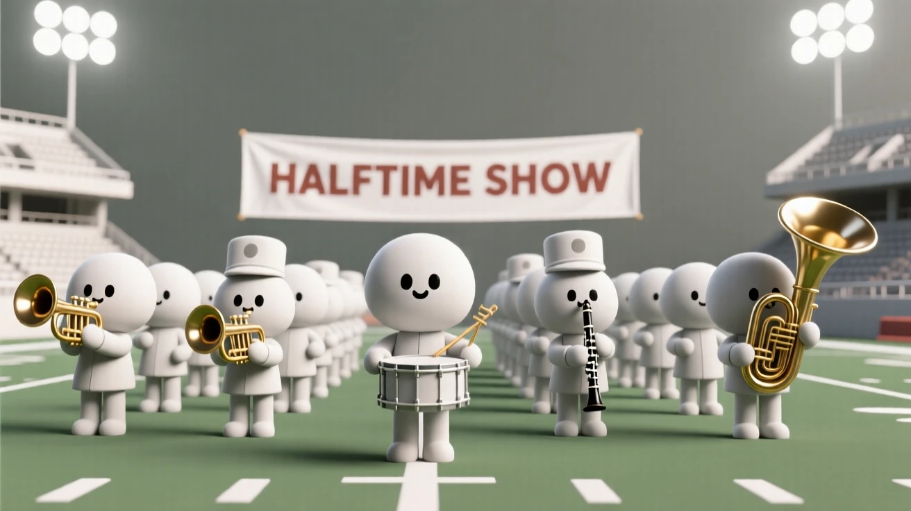 A marching band performs together in perfect formation, instruments gleaming under bright stadium lights during halftime.