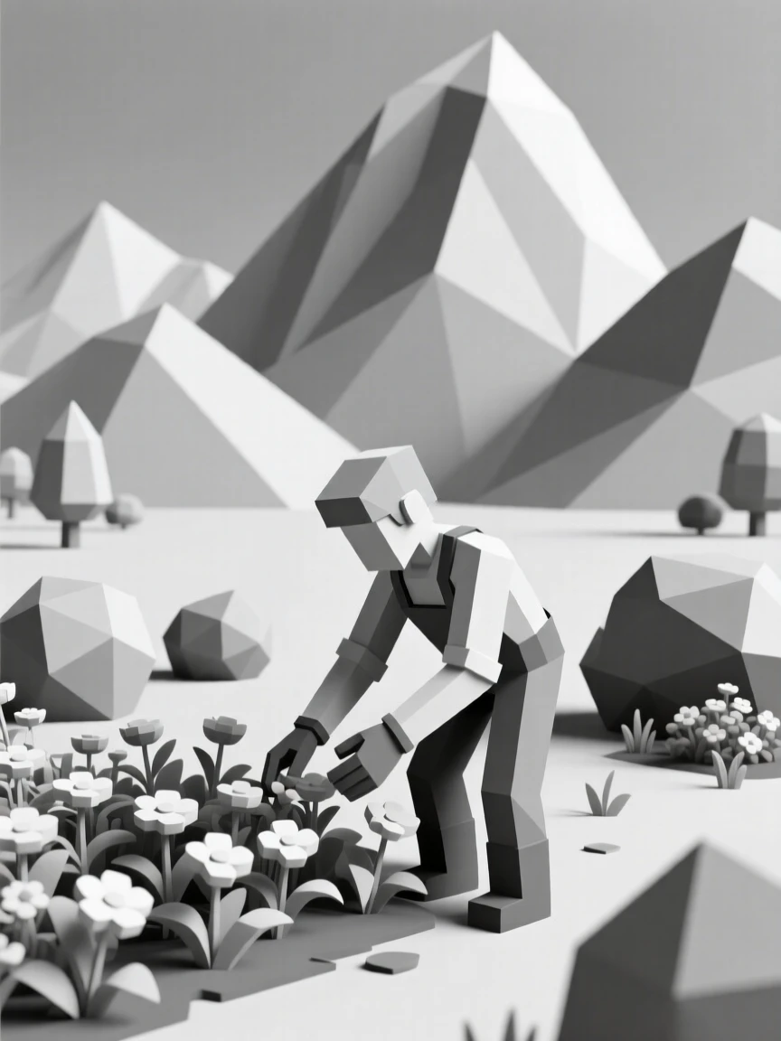 A gardener tending to a lush blooming garden, surrounded by towering mountains. the composition balances subject and open space. There is a calm sense of focus and skill.