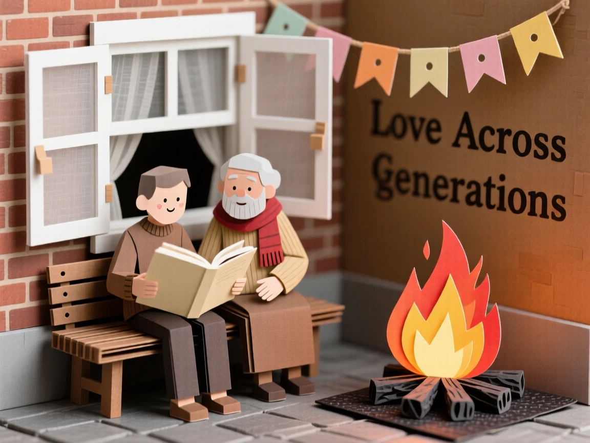 A street performer reading together in a cozy window nook, with the glow of a nearby fire flickering, evoking love across generations.