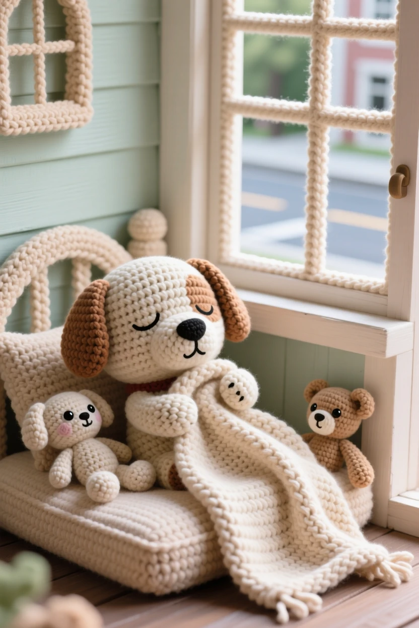 A tender everyday moment: a sleepy dog with its favorite blanket in its mouth dragging it gently to a cozy corner, settling down for an afternoon nap inside a quiet porch overlooking a peaceful street; a favorite well-loved stuffed toy completes the scene, full of quiet satisfaction in a small task well done.