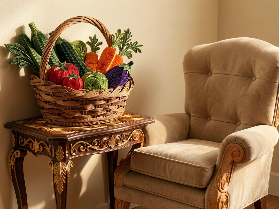 a basket of fresh vegetables from a farmers market, on an antique side table beside a reading chair, composed with warm, inviting close-up framing, with soft golden light highlighting every texture.